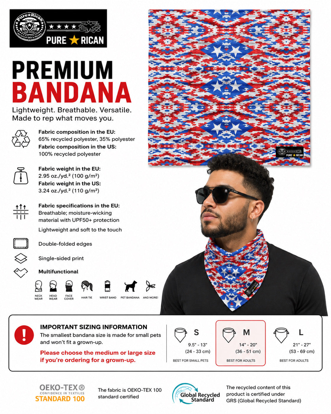 Male model wearing the Pure⭐️Rican patriotic camo multifunctional bandana around the neck showing medium adult sizing and Puerto Rican inspired design.