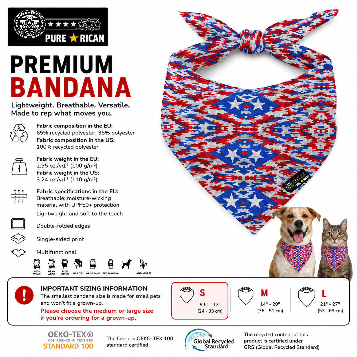 Pure⭐️Rican patriotic camo multifunctional bandana product information image showing breathable fabric, UPF50+ protection, recycled materials and small pet sizing guide.
