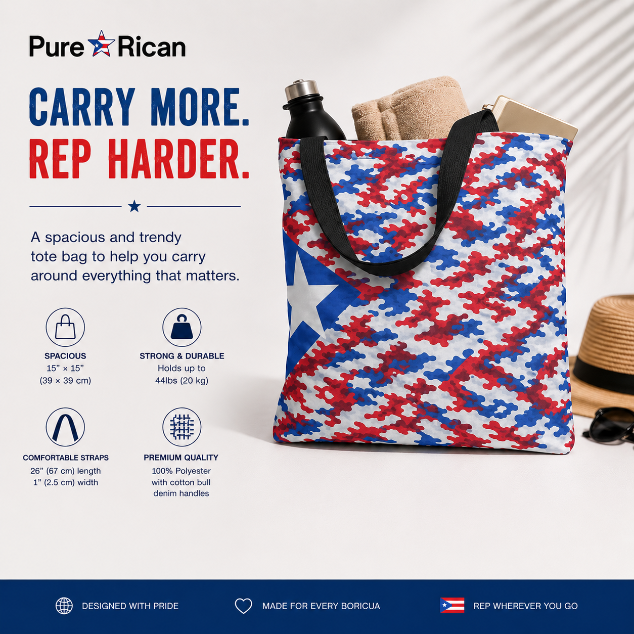 Pure⭐️Rican Patriotic Camo Boricua tote bag featuring black cotton straps with product feature callouts for size, durability, premium polyester material, and everyday carry use.