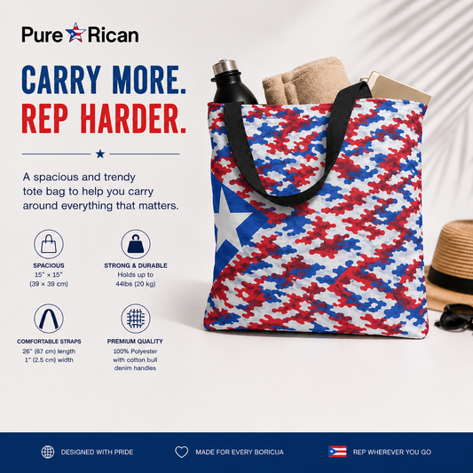 Pure⭐️Rican Patriotic Camo Boricua tote bag featuring black cotton straps with product feature callouts for size, durability, premium polyester material, and everyday carry use.