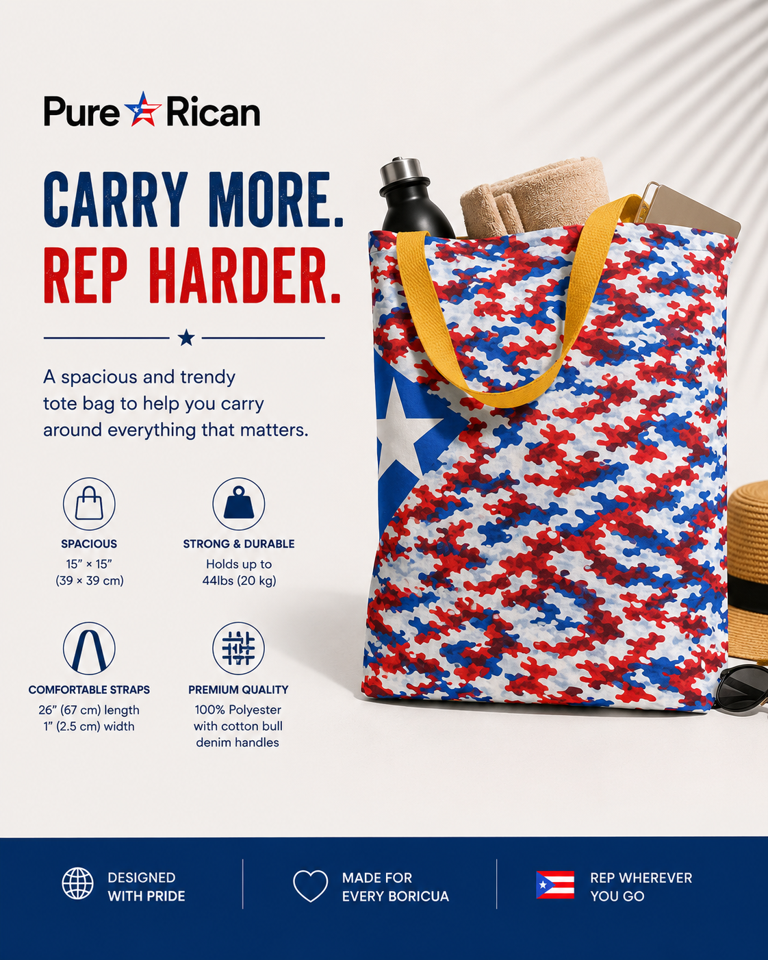 Pure⭐️Rican Patriotic Camo Boricua tote bag with gold cotton straps shown in a clean lifestyle product page design emphasizing everyday carry and premium features.