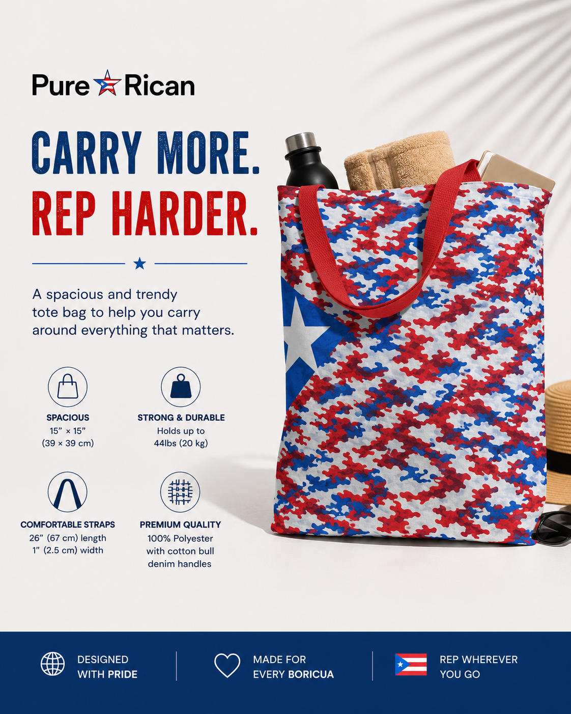 Pure⭐️Rican Patriotic Camo Boricua tote bag with red cotton straps displayed in a premium product page layout highlighting spacious size, durability, and Puerto Rican inspired design.
