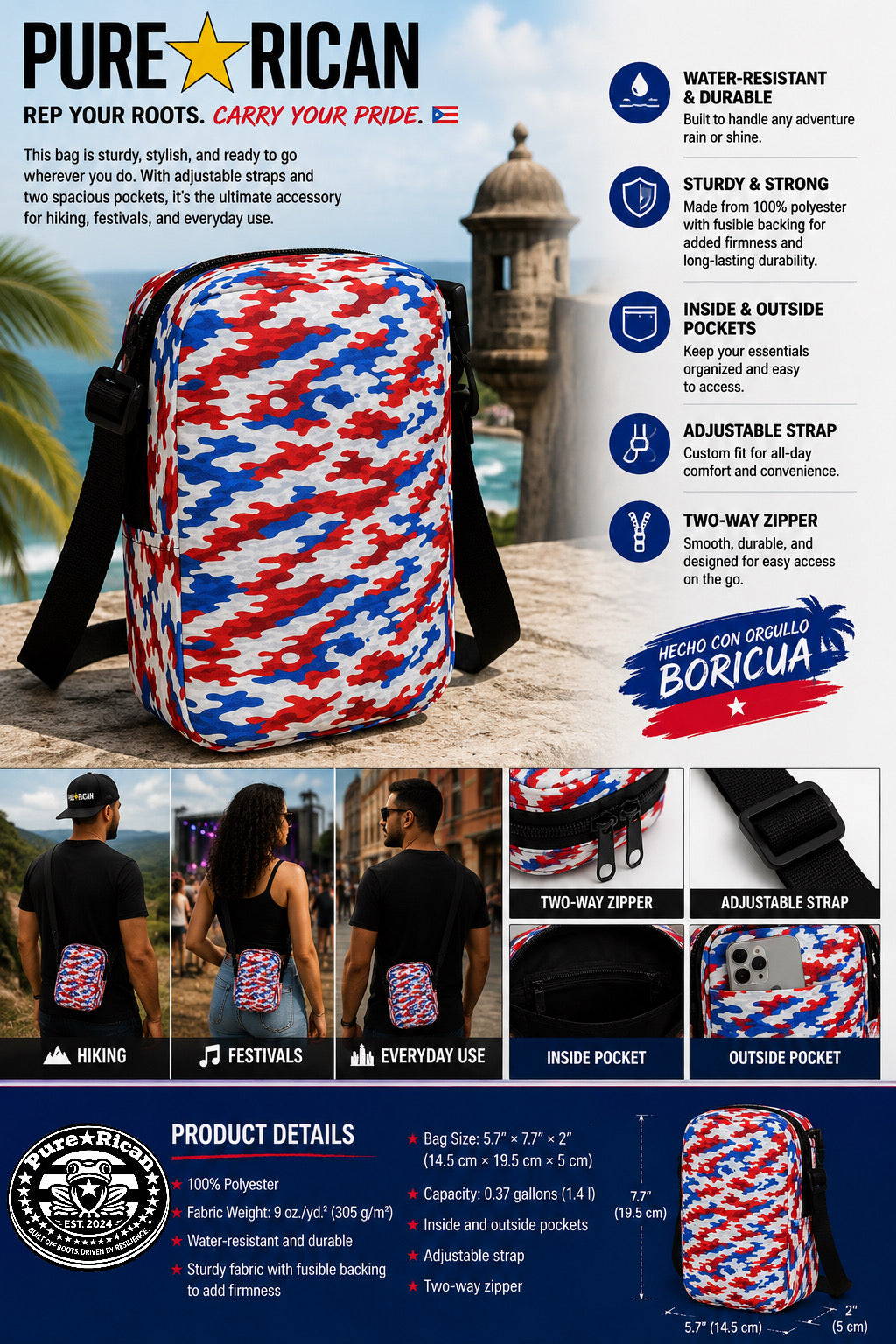 Back view of the Pure⭐️Rican Patriotic Camo Crossbody Utility Bag showing full patriotic camo print and compact everyday carry design.