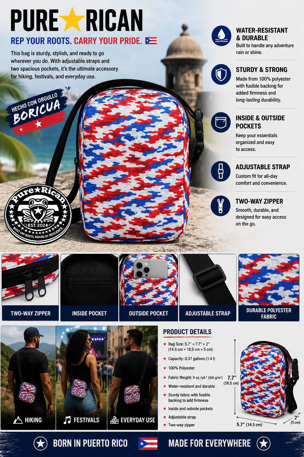 Back view product feature image of the Pure⭐️Rican Patriotic Camo Crossbody Utility Bag showcasing the Puerto Rican-inspired red, white, and blue camo pattern, adjustable strap, durable water-resistant polyester fabric, inside and outside pockets, two-way zipper, and lifestyle everyday carry examples for festivals, hiking, and travel.