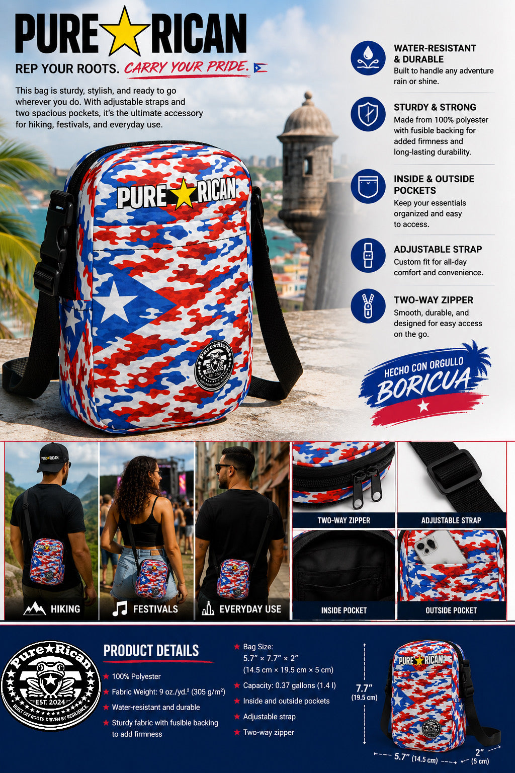 Front view of the Pure⭐️Rican Patriotic Camo Crossbody Utility Bag featuring Puerto Rican flag inspired red, white and blue camo pattern with adjustable strap.
