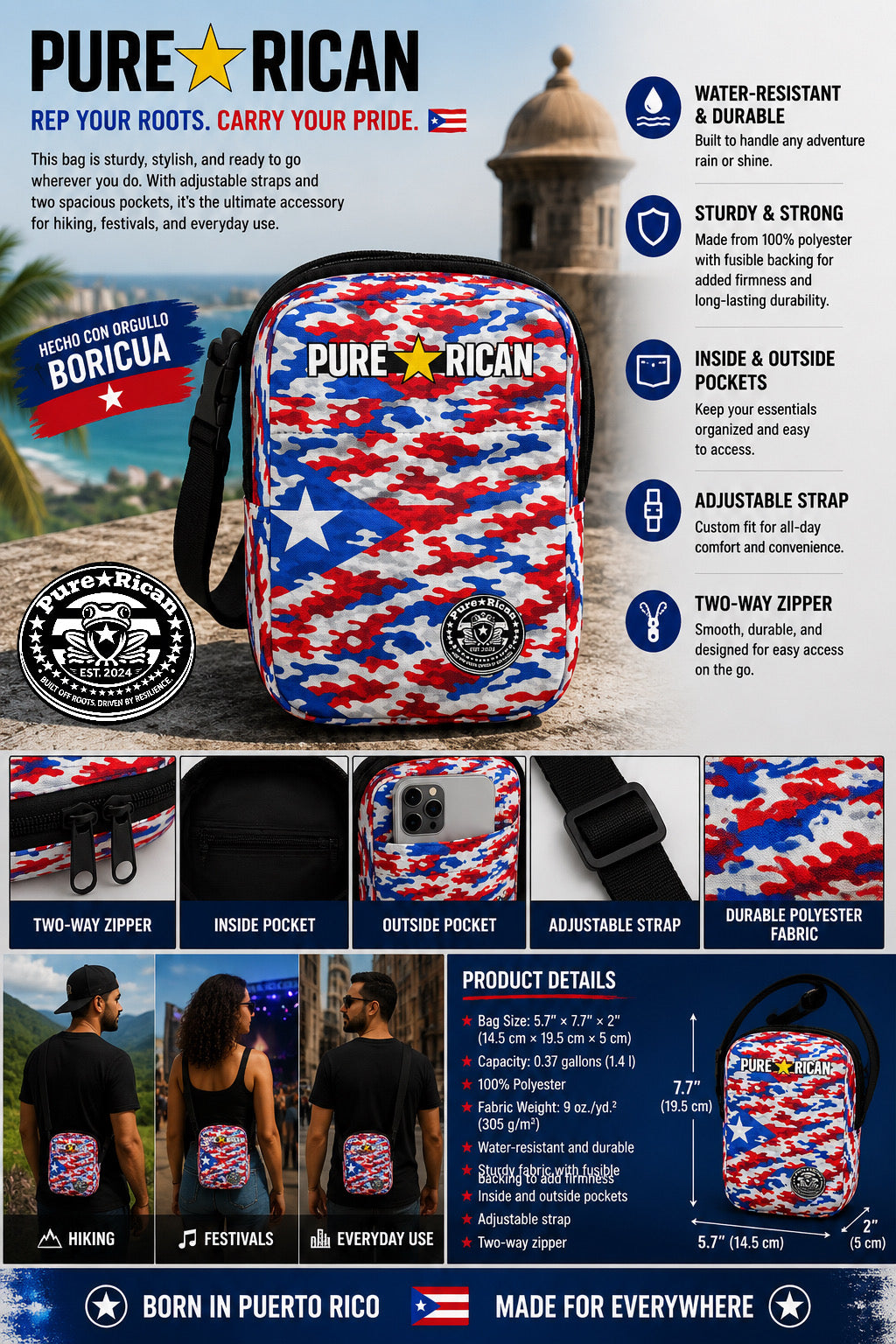 Front view product feature image of the Pure⭐️Rican Patriotic Camo Crossbody Utility Bag featuring Puerto Rican flag-inspired red, white, and blue camo design, adjustable strap, water-resistant polyester fabric, inside and outside pockets, two-way zipper, and lifestyle everyday carry examples.