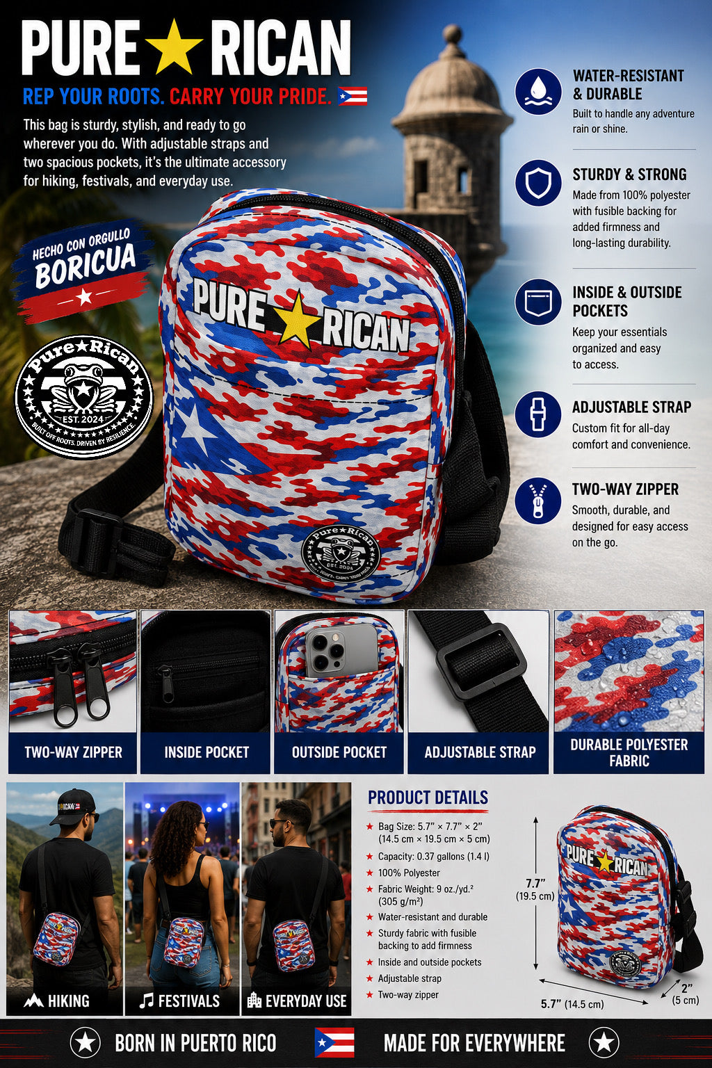 Premium front view product showcase image of the Pure⭐️Rican Patriotic Camo Crossbody Utility Bag featuring Puerto Rican flag-inspired red, white, and blue camo pattern, adjustable strap, water-resistant polyester fabric, inside and outside pockets, two-way zipper, durable buckle system, and lifestyle examples for hiking, festivals, travel, and everyday carry.