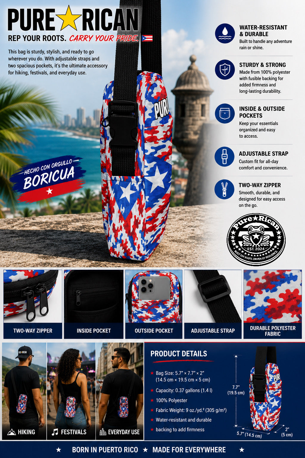 Side profile product feature image of the Pure⭐️Rican Patriotic Camo Crossbody Utility Bag showcasing Puerto Rican flag-inspired red, white, and blue camo design, adjustable strap, water-resistant fabric, inside and outside pockets, and durable everyday carry construction.