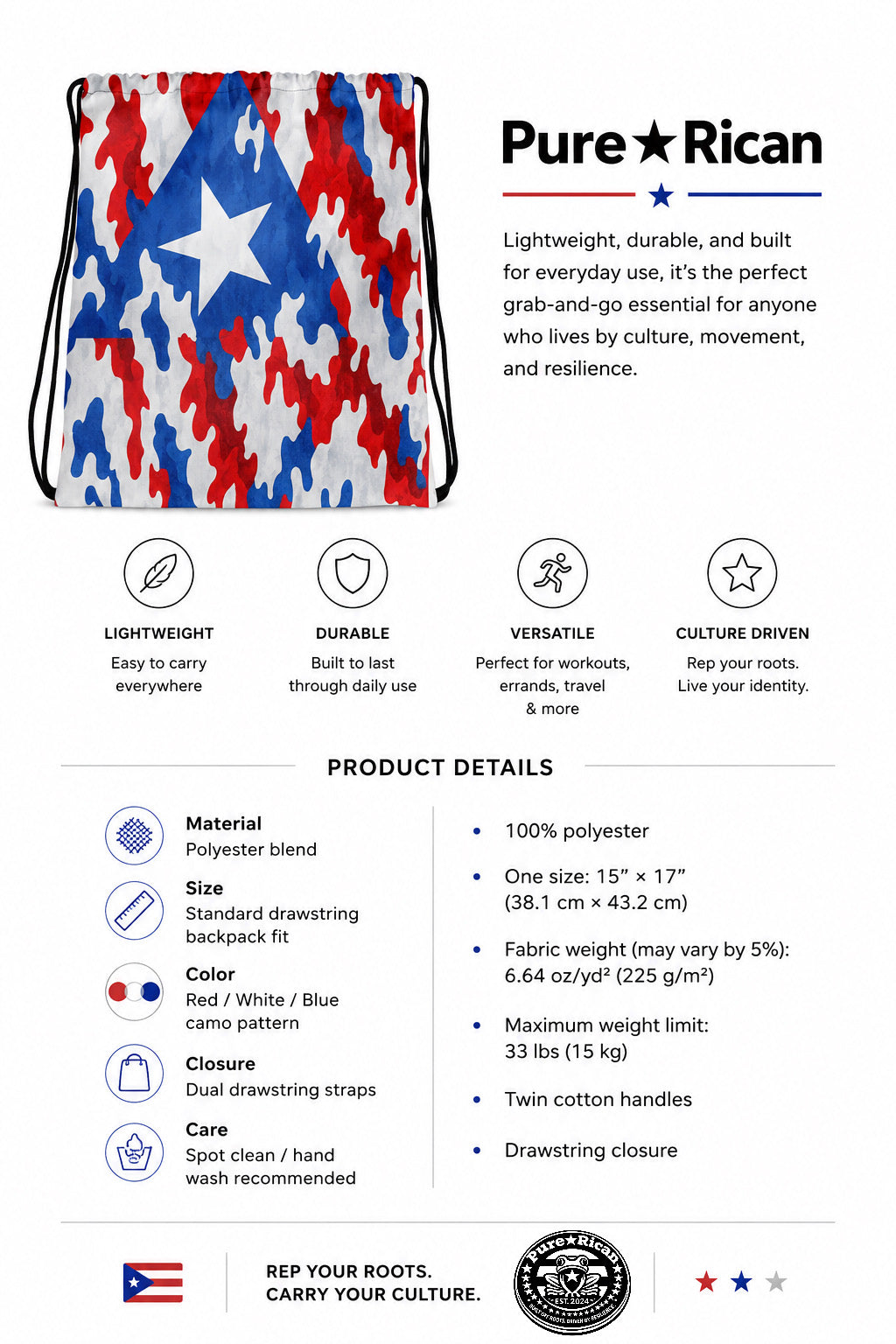 Back view of the Pure⭐️Rican patriotic camo drawstring bag featuring a Puerto Rican flag-inspired red, white, and blue camo pattern with lightweight, durable polyester construction, drawstring straps, and detailed product specifications for everyday use.