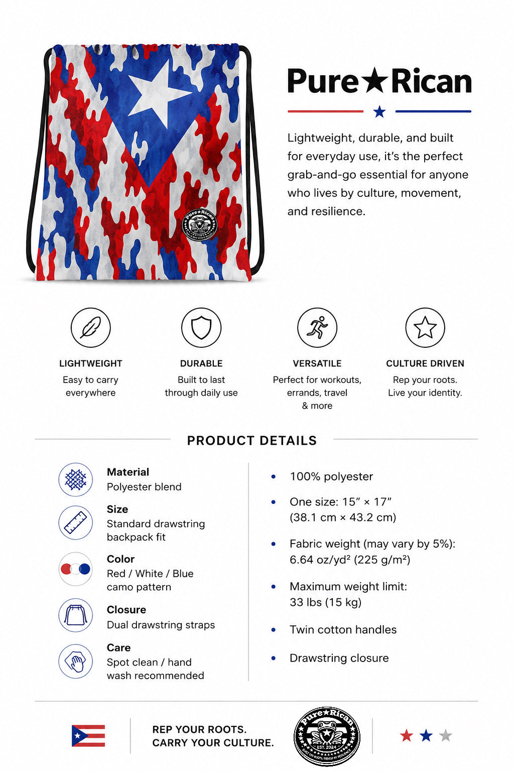 Front view of the Pure⭐️Rican patriotic camo drawstring bag featuring a red, white, and blue Puerto Rican flag-inspired design with product details, lightweight polyester material, drawstring closure, durable everyday use, and culture-driven branding.