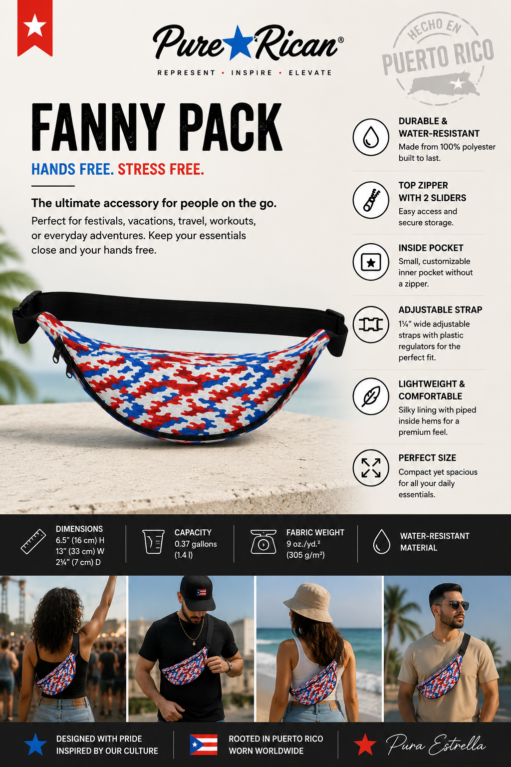 Back view of the Pure⭐️Rican Patriotic Camo Fanny Pack displaying adjustable strap and full patriotic camo design.