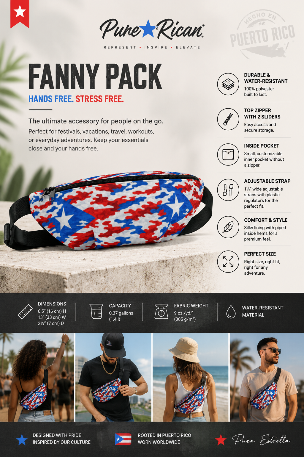 Front product view of the Pure⭐️Rican Patriotic Camo Fanny Pack featuring Puerto Rican flag-inspired red, white, and blue camo pattern with adjustable strap.