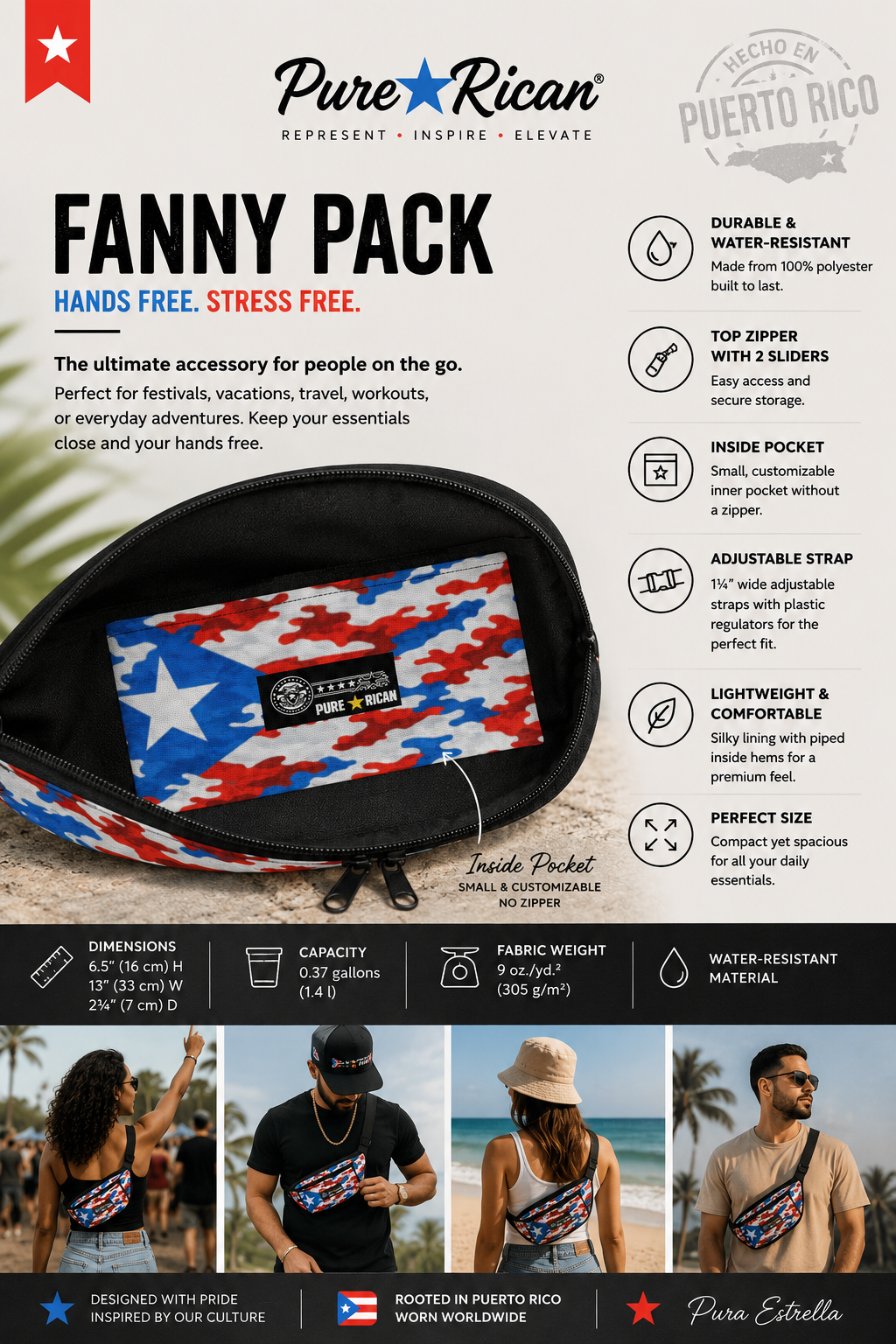 Close-up of the Pure⭐️Rican Patriotic Camo Fanny Pack interior showing customizable inside pocket and premium silky lining.