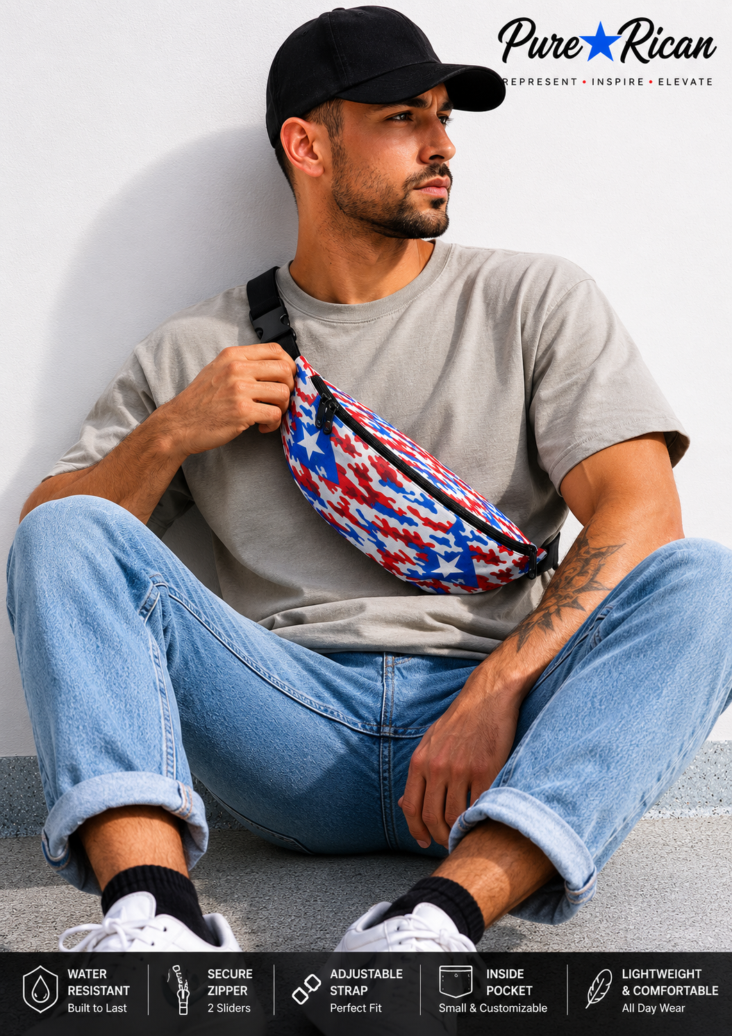 Male model wearing the Pure⭐️Rican Patriotic Camo Fanny Pack crossbody style with casual streetwear outfit.