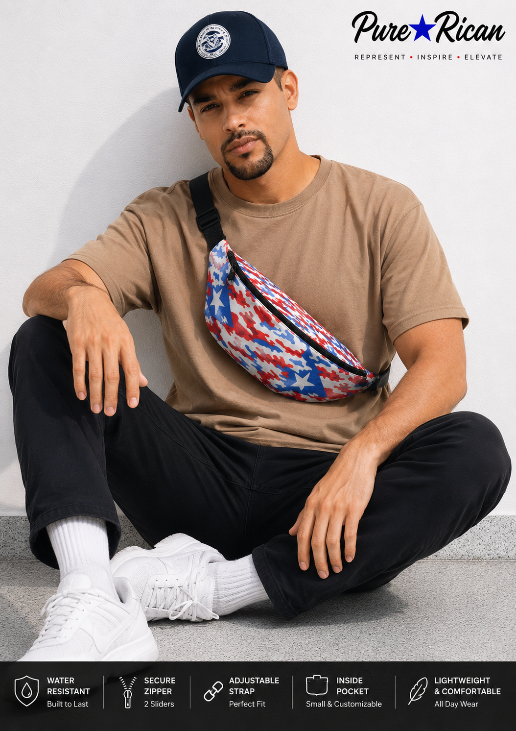 Male model styling the Pure⭐️Rican Patriotic Camo Fanny Pack in a casual urban outfit for everyday wear and travel.