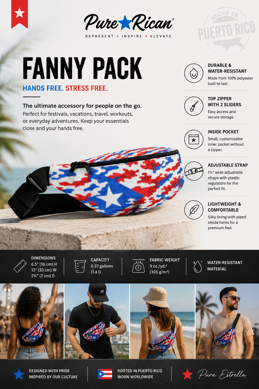 Side profile of the Pure⭐️Rican Patriotic Camo Fanny Pack showcasing lightweight design, dual zipper sliders, and Puerto Rican flag camo print.