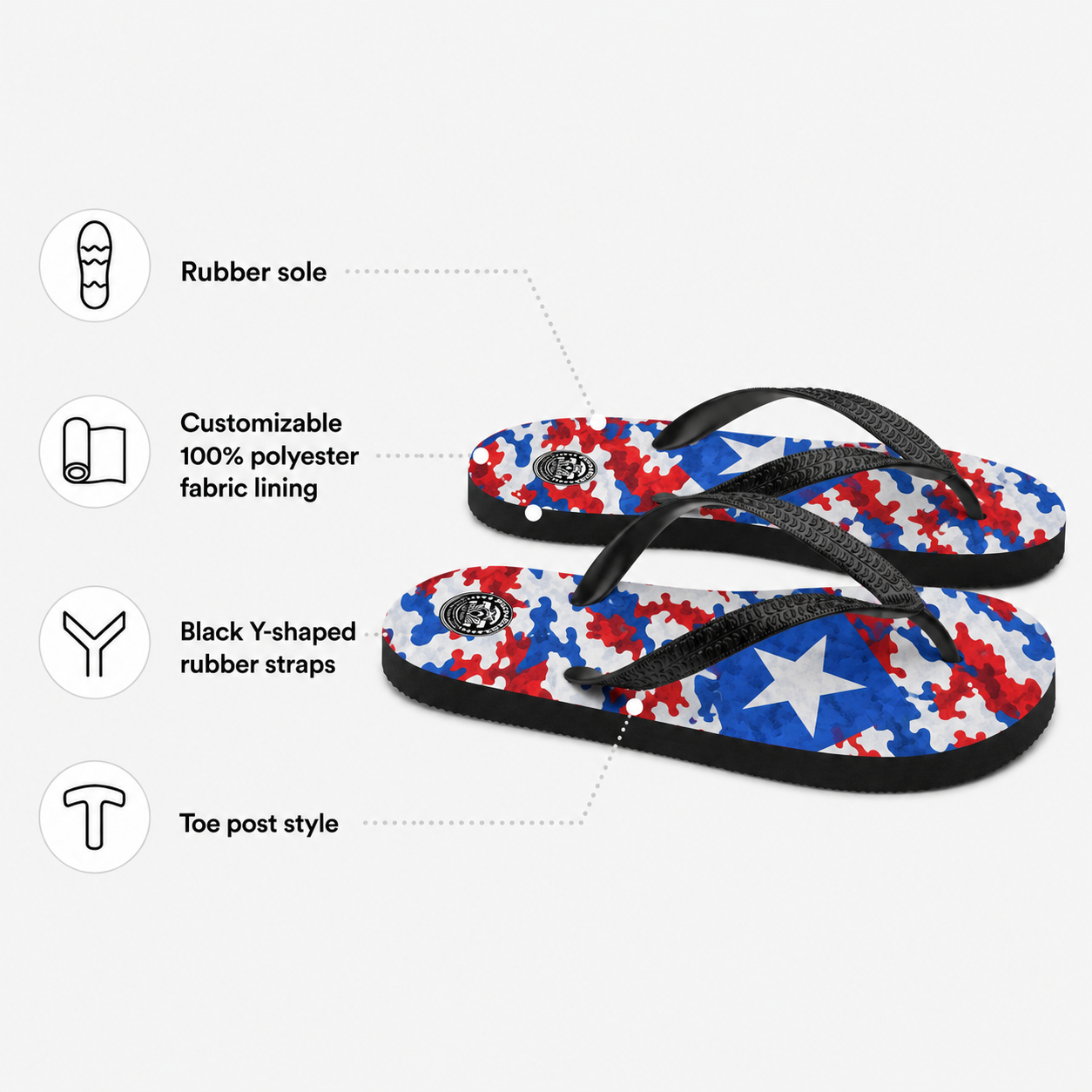 Angled view of Pure⭐️Rican Patriotic Camo flip flops showcasing Puerto Rican flag-inspired camo artwork and black rubber straps.