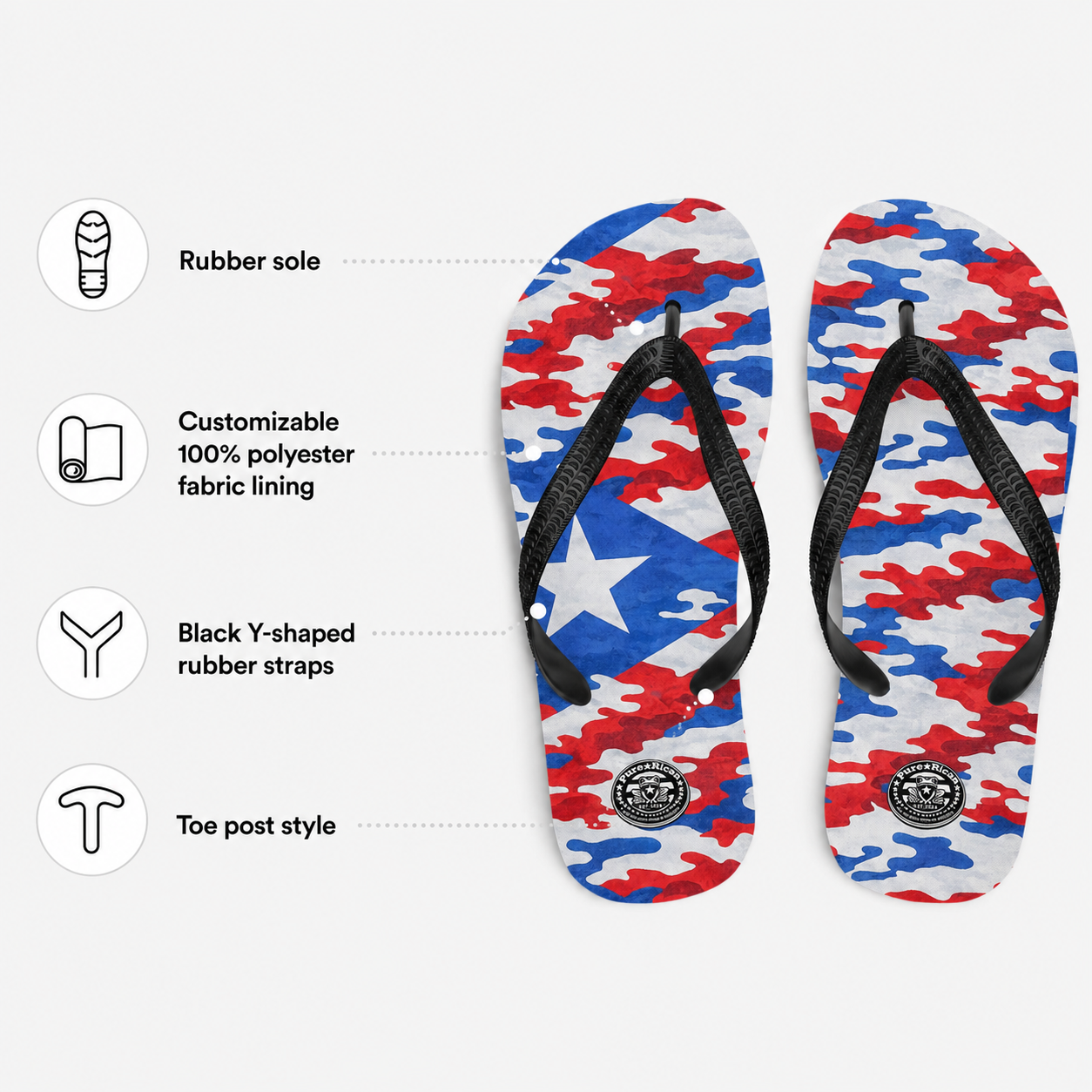 Pure⭐️Rican Patriotic Camo flip flops featuring a Puerto Rican flag-inspired red, white, and blue camo design with black Y-shaped straps.