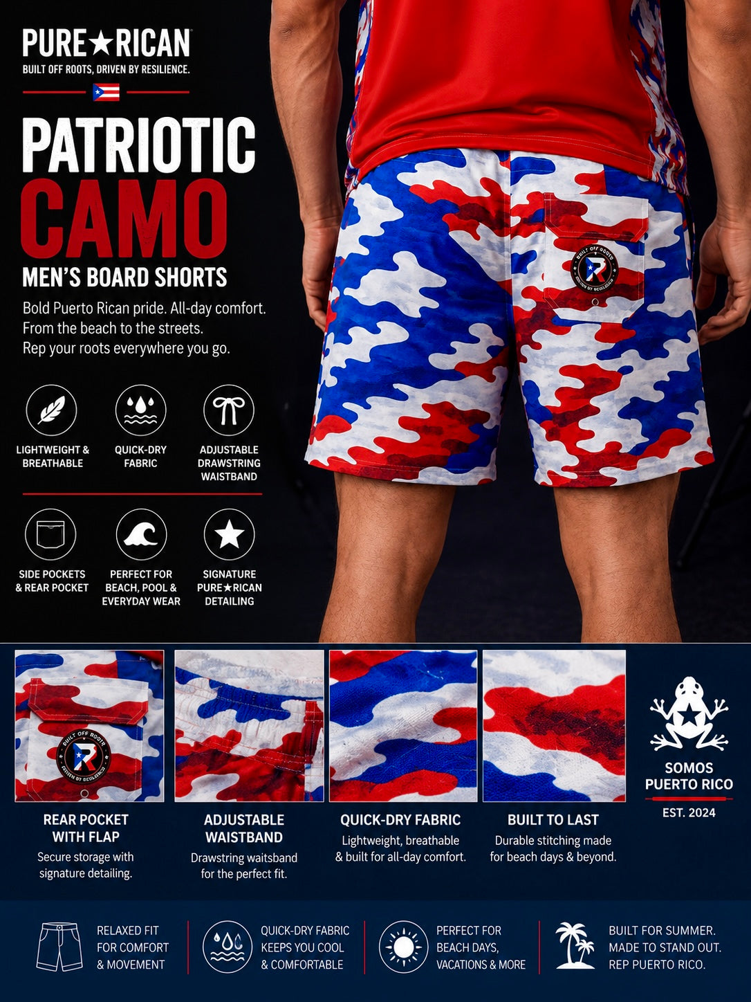 Back view of male model wearing Pure⭐️Rican Patriotic Camo men’s board shorts featuring Puerto Rican camo pattern, rear pocket with flap, signature Pure⭐️Rican logo patch, breathable quick-dry material, and relaxed summer fit.