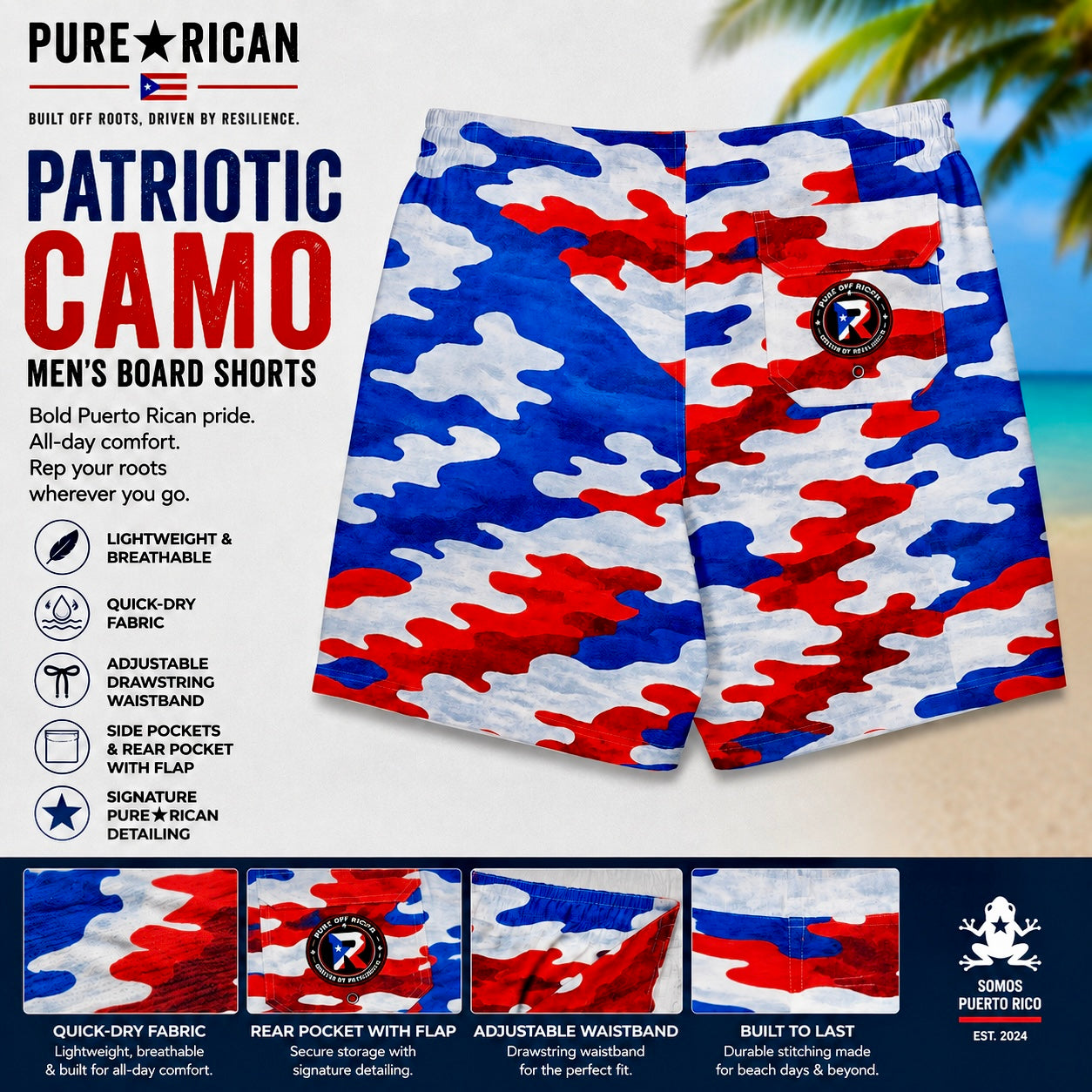Back view of Pure⭐️Rican Patriotic Camo men’s board shorts featuring Puerto Rican red, white, and blue camo design, rear pocket with flap, signature Pure⭐️Rican logo patch, lightweight breathable fabric, and summer beach-ready style.