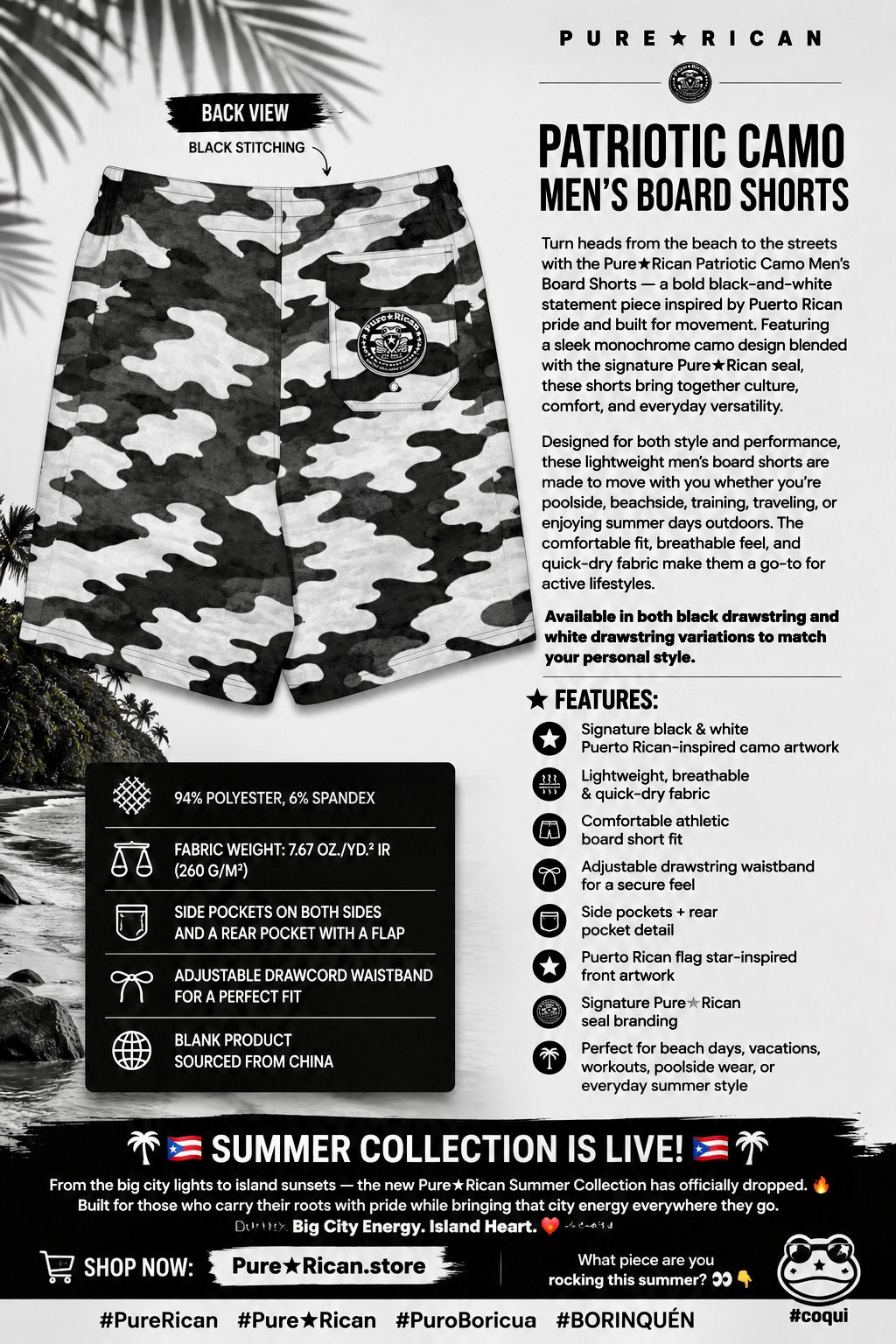 Back view product detail image of Pure⭐️Rican Patriotic Camo Men’s Board Shorts featuring black stitching, monochrome Puerto Rican camo pattern, rear flap pocket with signature Pure⭐️Rican seal, lightweight quick-dry fabric features, and summer collection promotional layout.