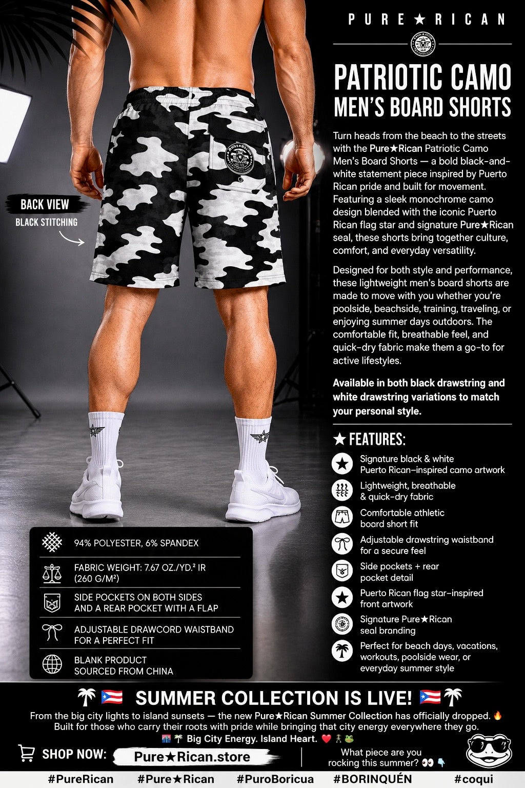 Back view of male model wearing Pure⭐️Rican Patriotic Camo Men’s Board Shorts with black stitching, rear pocket detail, and monochrome Puerto Rican camo artwork.