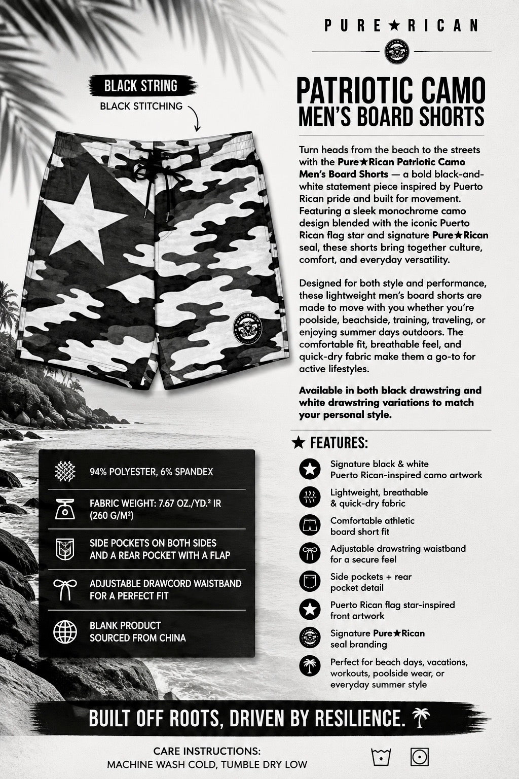 Pure⭐️Rican Patriotic Camo Men’s Board Shorts front view featuring black drawstring and black stitching with Puerto Rican flag star camo design.