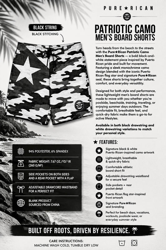 Pure⭐️Rican Patriotic Camo Men’s Board Shorts front view featuring black drawstring and black stitching with Puerto Rican flag star camo design.