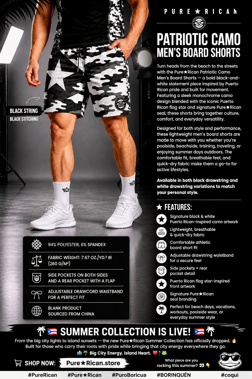 Male model wearing Pure⭐️Rican Patriotic Camo Men’s Board Shorts front view featuring black drawstring and black stitching with monochrome Puerto Rican camo design.