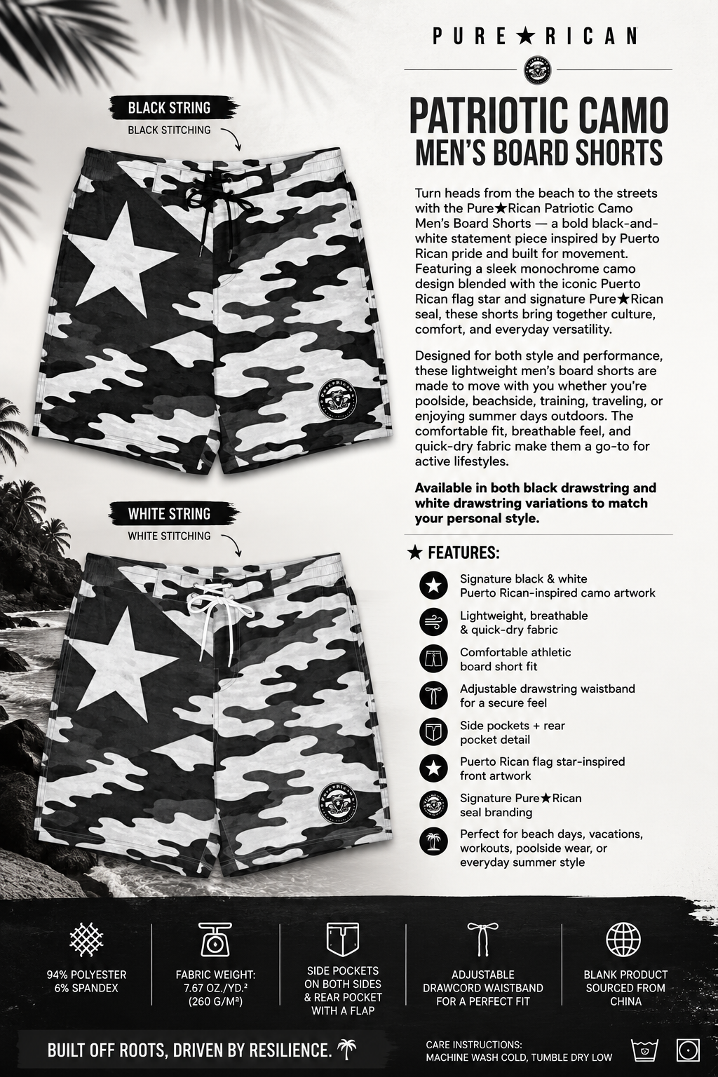 Comparison image of Pure⭐️Rican Patriotic Camo Men’s Board Shorts showing black drawstring with black stitching and white drawstring with white stitching options.