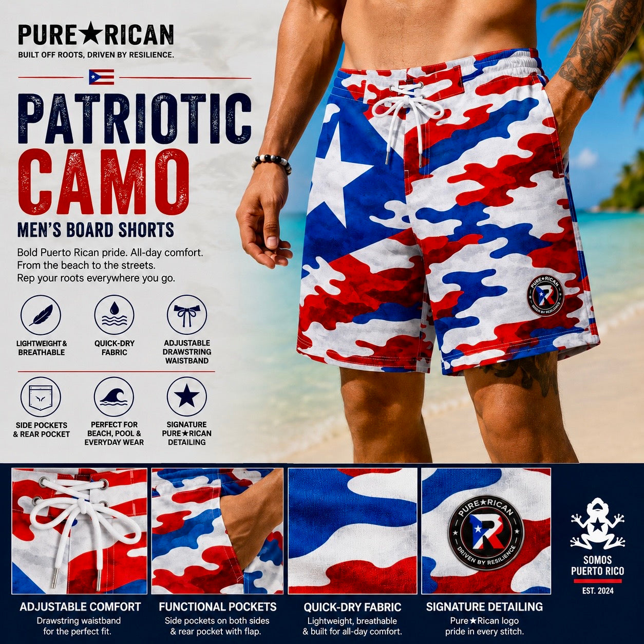 Male model wearing Pure⭐️Rican Patriotic Camo men’s board shorts featuring Puerto Rican flag-inspired camo pattern, white drawstring waistband, relaxed athletic fit, quick-dry fabric, and signature Pure⭐️Rican logo for beach and summer wear.