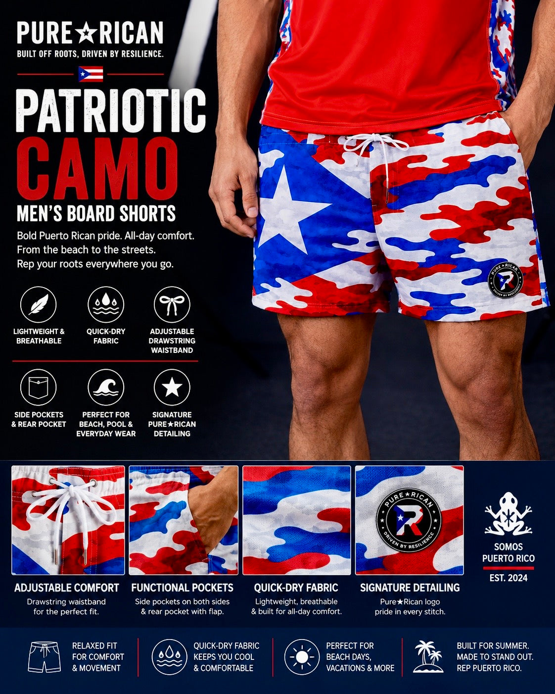 Studio lifestyle image of male model wearing Pure⭐️Rican Patriotic Camo men’s board shorts with Puerto Rican red, white, and blue camo artwork, white drawstring, breathable quick-dry fabric, and signature logo detailing.