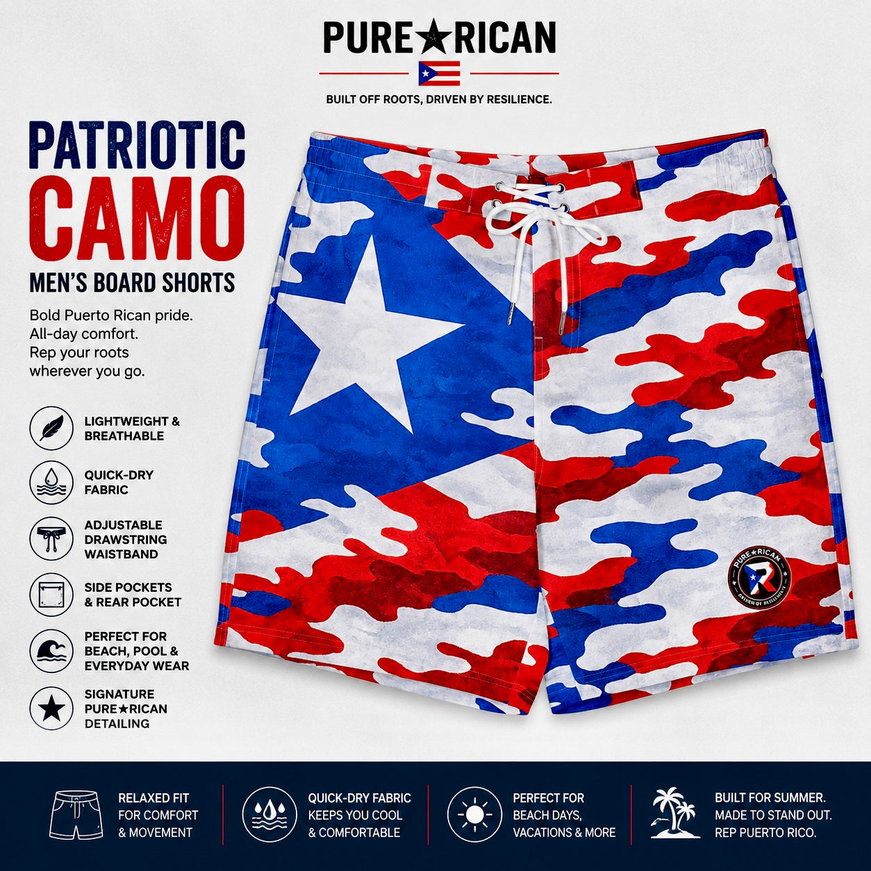 Pure⭐️Rican Patriotic Camo men’s board shorts front view featuring Puerto Rican flag-inspired red, white, and blue camo design, white drawstring waistband, lightweight quick-dry fabric, and signature Pure⭐️Rican logo detailing.