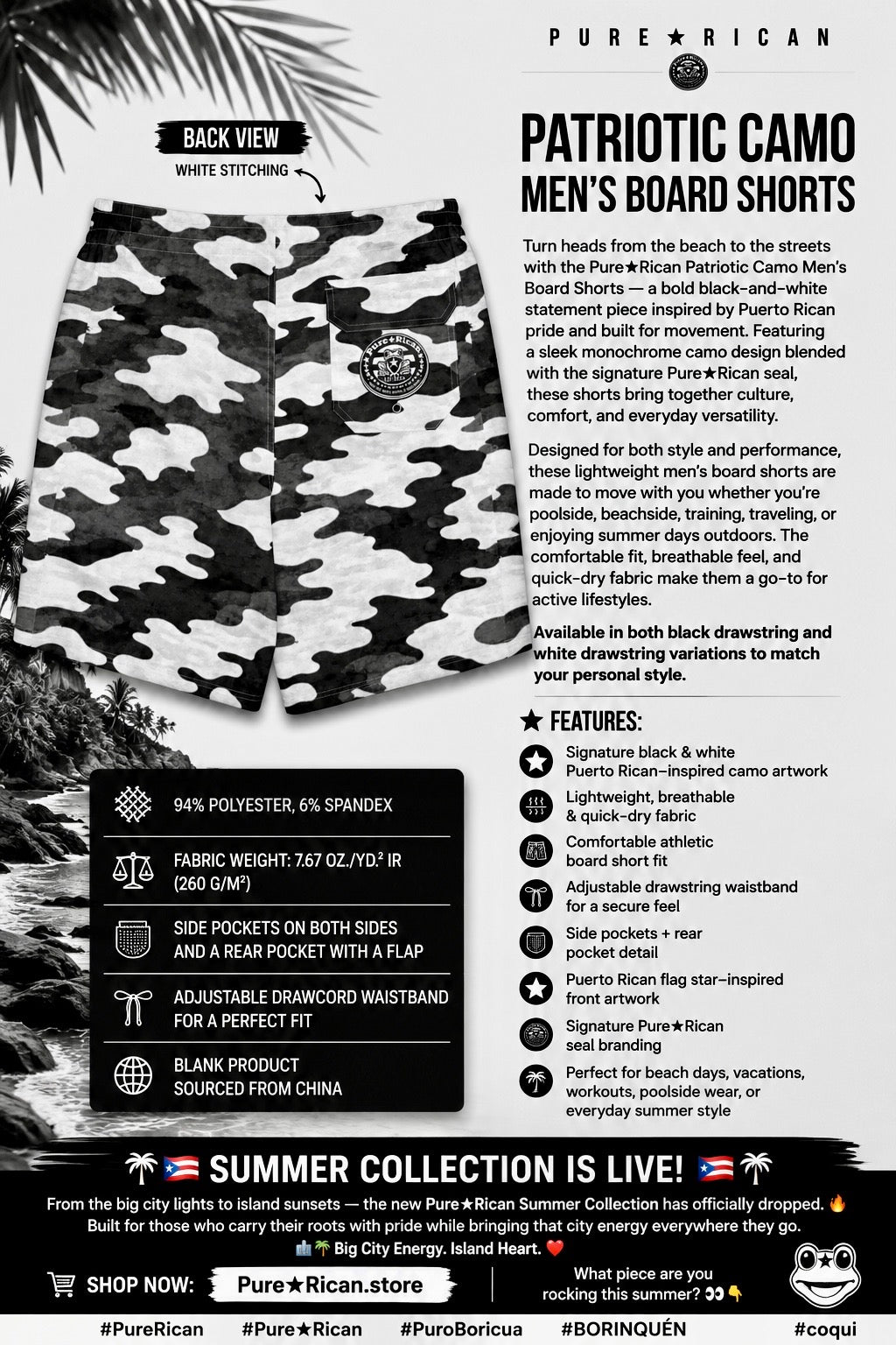 Back view of Pure⭐️Rican Patriotic Camo Men’s Board Shorts featuring white stitching, rear pocket detail, and Puerto Rican monochrome camo pattern.
