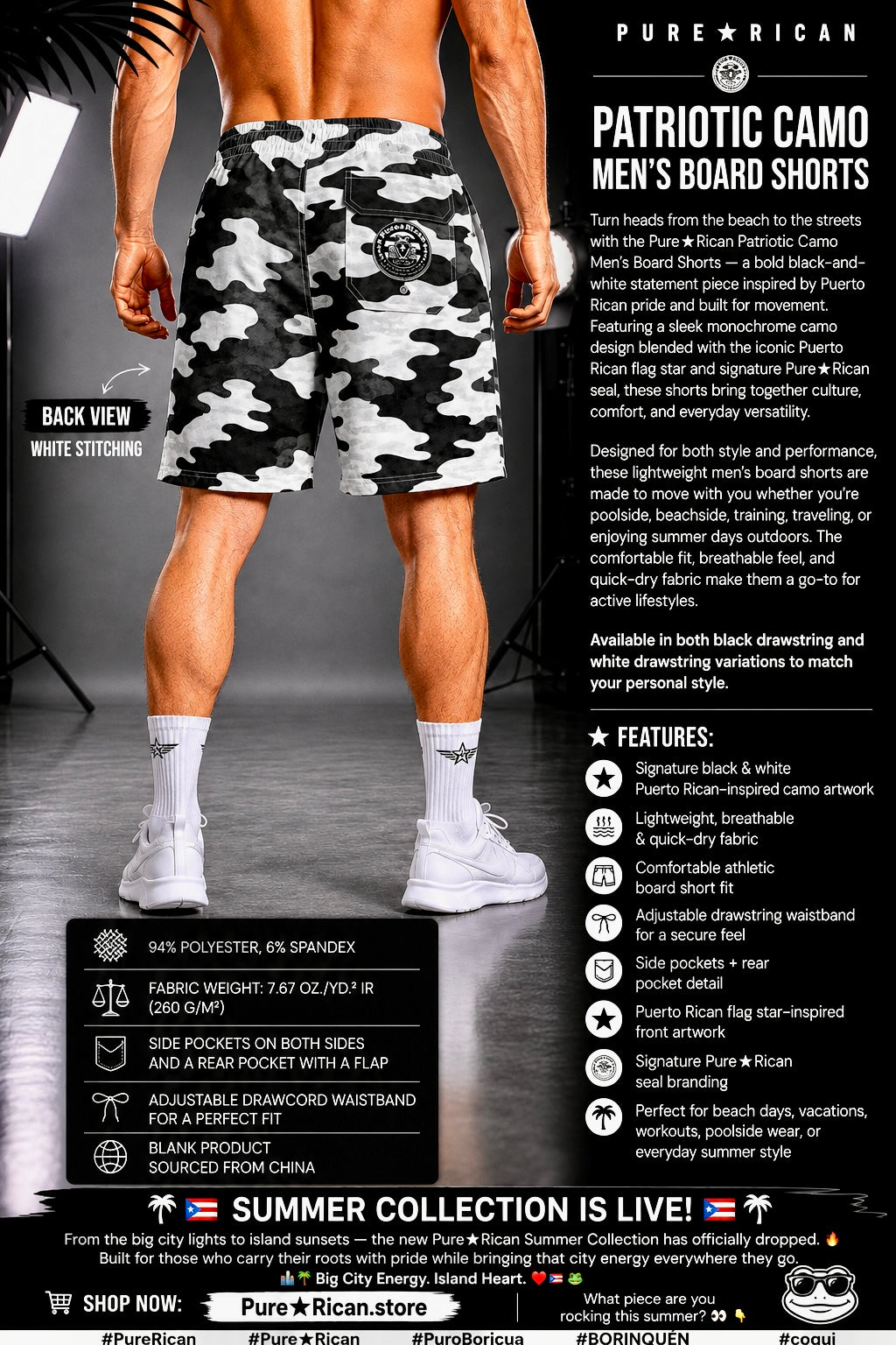 Back view of male model wearing Pure⭐️Rican Patriotic Camo Men’s Board Shorts with white stitching, rear pocket detail, and monochrome Puerto Rican camo design.