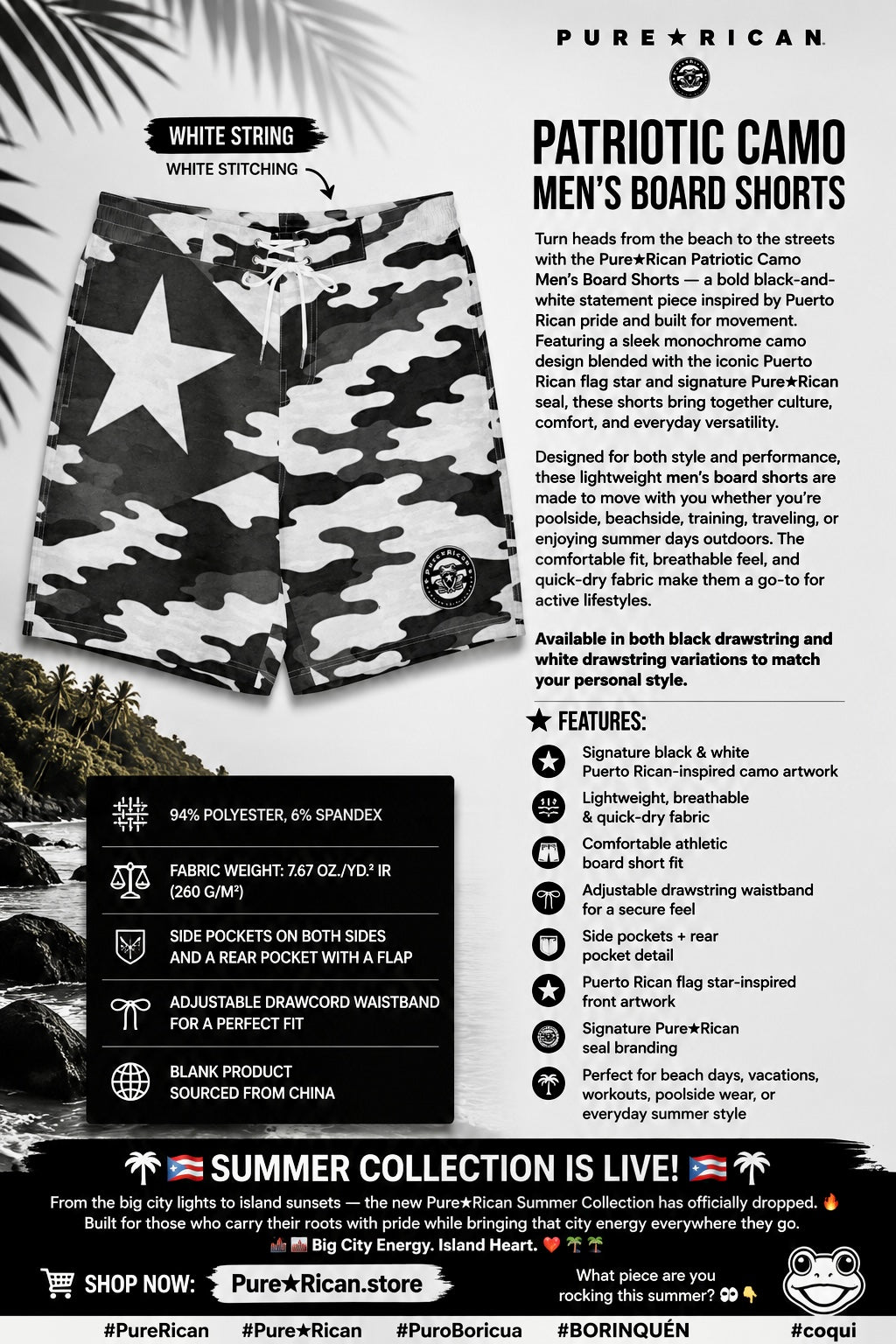 Pure⭐️Rican Patriotic Camo Men’s Board Shorts front view featuring white drawstring and white stitching with Puerto Rican flag star camo design.