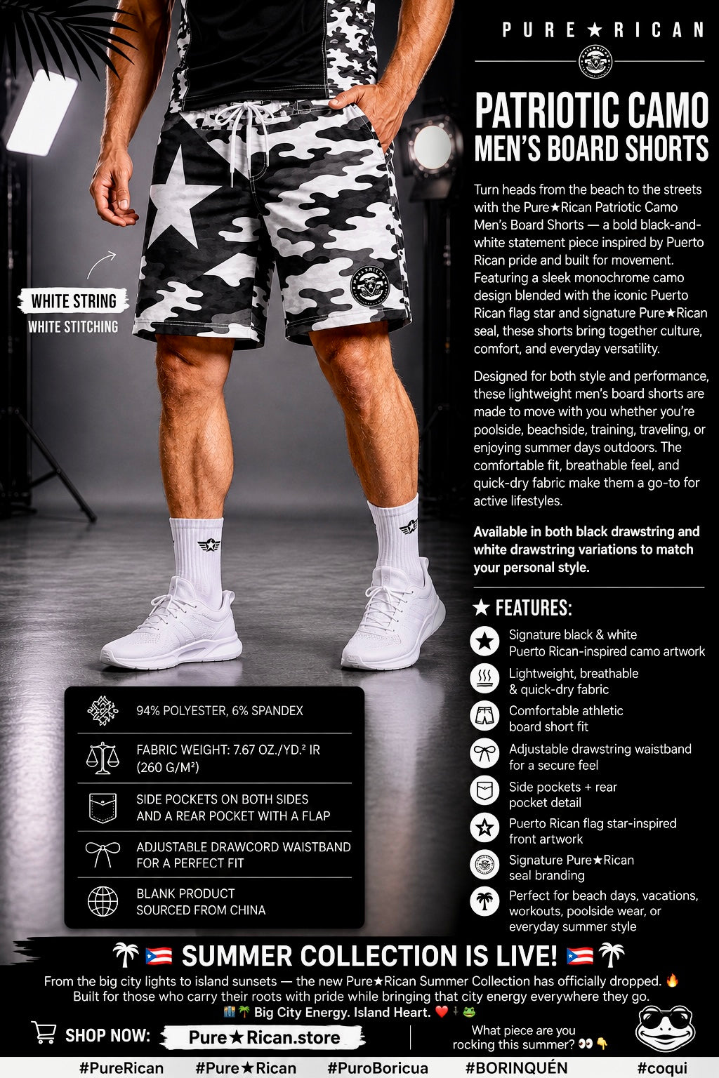 Male model wearing Pure⭐️Rican Patriotic Camo Men’s Board Shorts front view featuring white drawstring and white stitching with Puerto Rican monochrome camo pattern.
