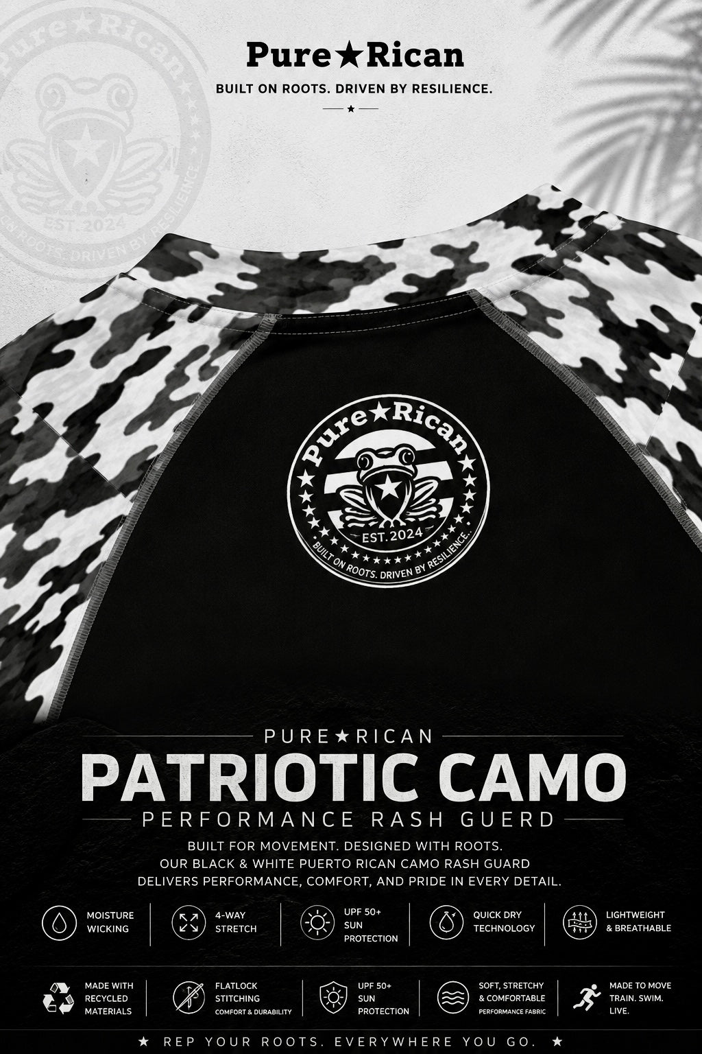 Close-up detail of the Pure⭐️Rican Patriotic Camo Performance Rash Guard back neck logo featuring the signature Sapo Concho emblem, black performance fabric, and Puerto Rican camo trim.