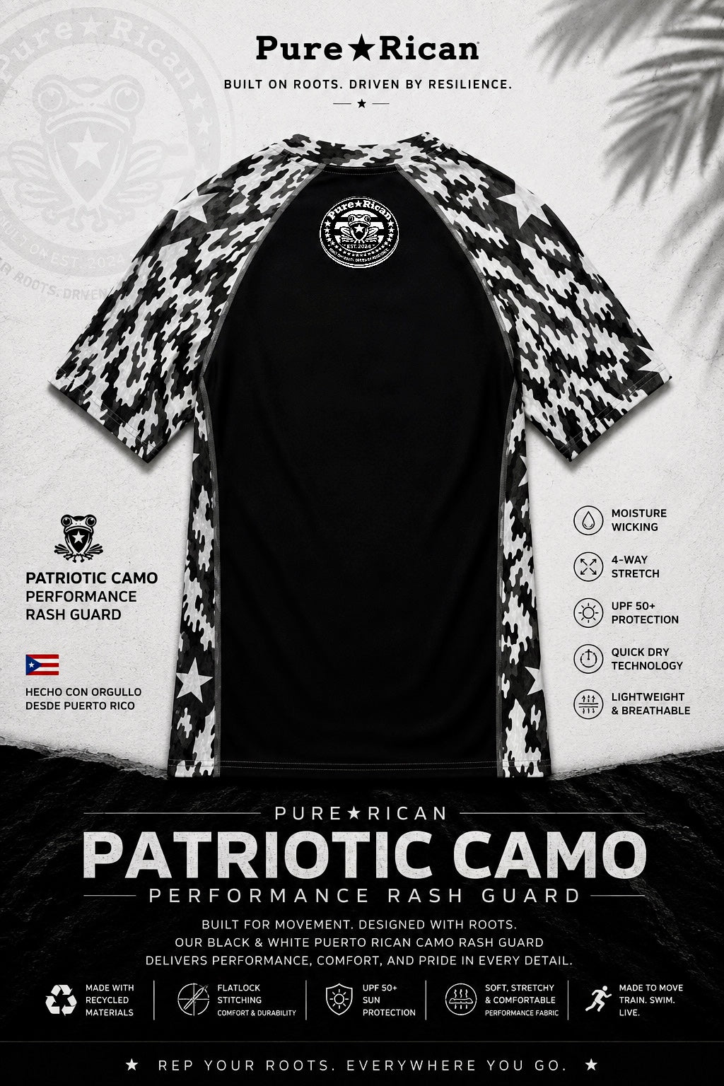 Back view of the Pure⭐️Rican Patriotic Camo Performance Rash Guard showcasing black performance body, Puerto Rican black-and-white camo sleeves, back neck Sapo Concho logo detail, and athletic performance construction.