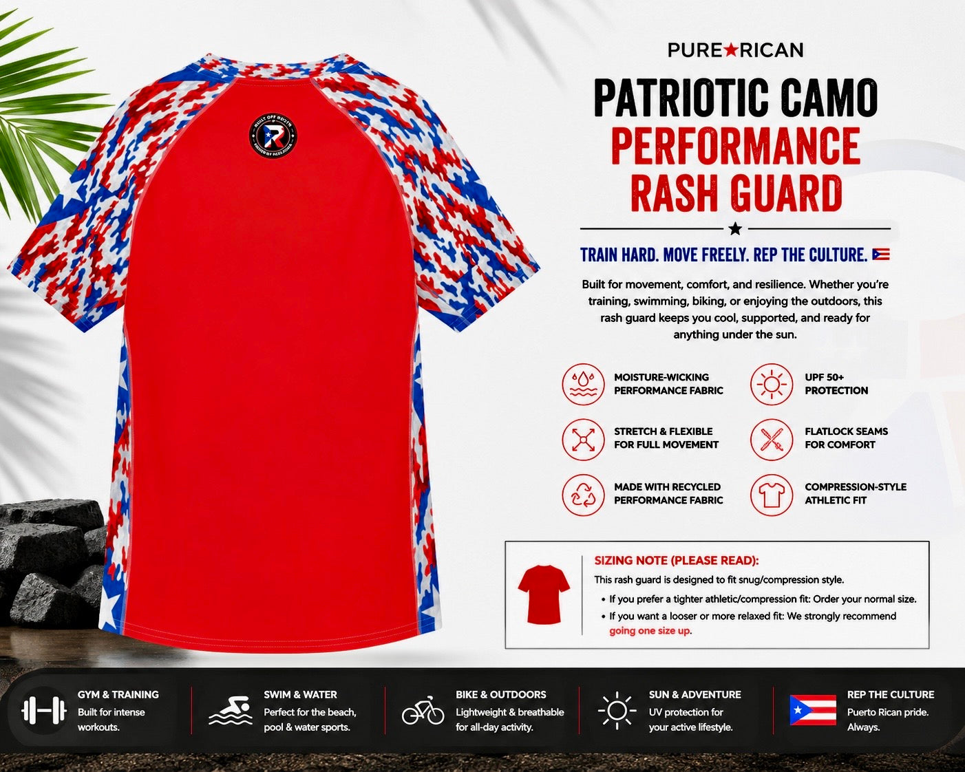 Back view of the Pure⭐️Rican Patriotic Camo Performance Rash Guard featuring the rear neck logo detail, Puerto Rican patriotic camo sleeves, moisture-wicking fabric, compression-style athletic fit, and performance feature highlights.