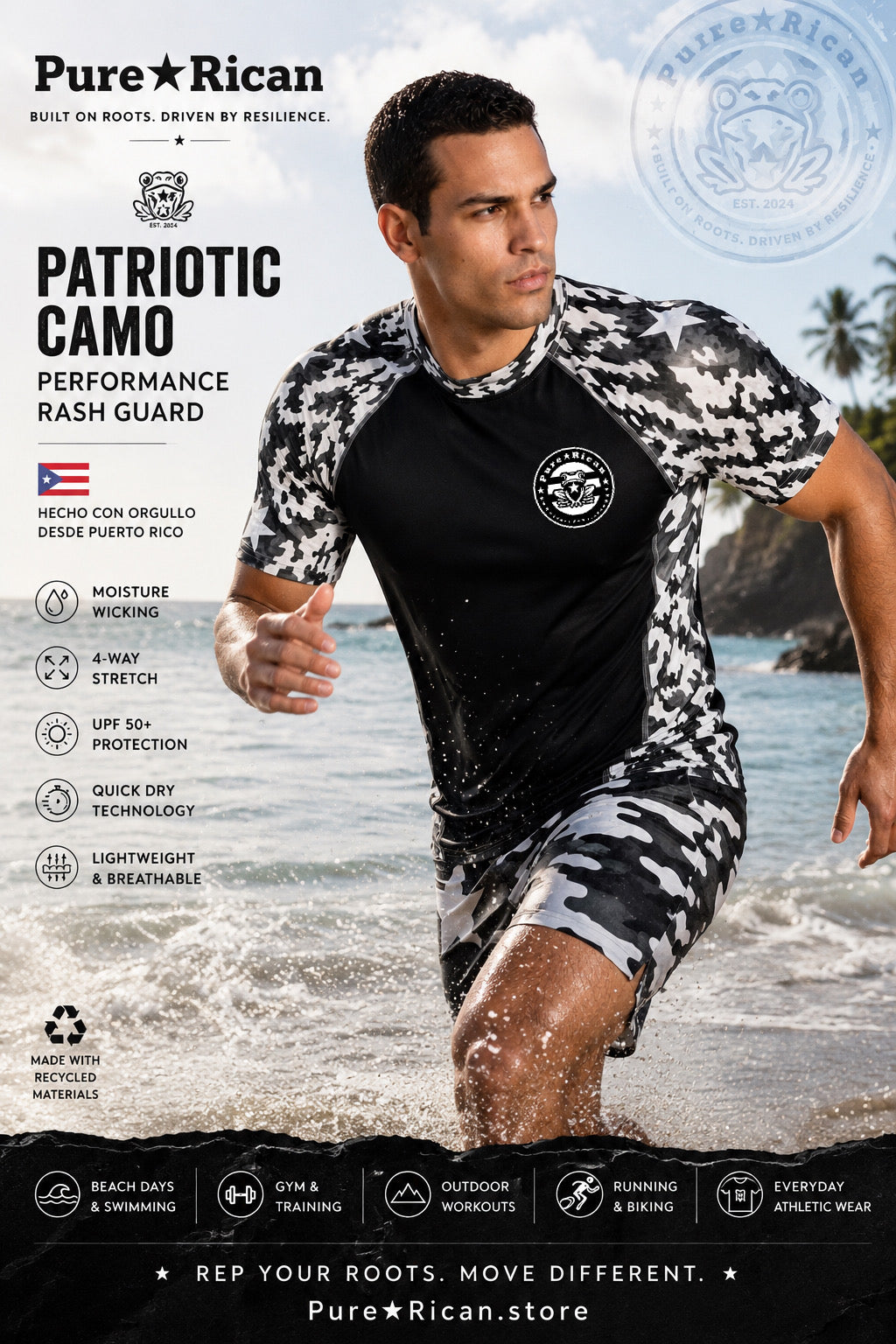 Male model wearing the Pure⭐️Rican Patriotic Camo Performance Rash Guard in an action beach setting featuring black-and-white Puerto Rican camo design, performance fit, quick-dry fabric, and athletic lifestyle styling.