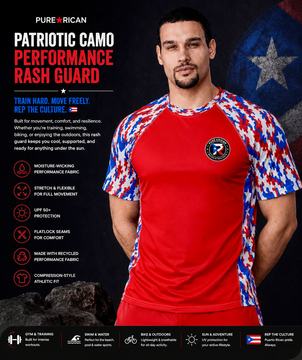 Male model wearing the Pure⭐️Rican Patriotic Camo Performance Rash Guard in a premium studio setting, highlighting the athletic fit, Puerto Rican patriotic camo sleeves, red performance body, moisture-wicking fabric, and activewear performance features.