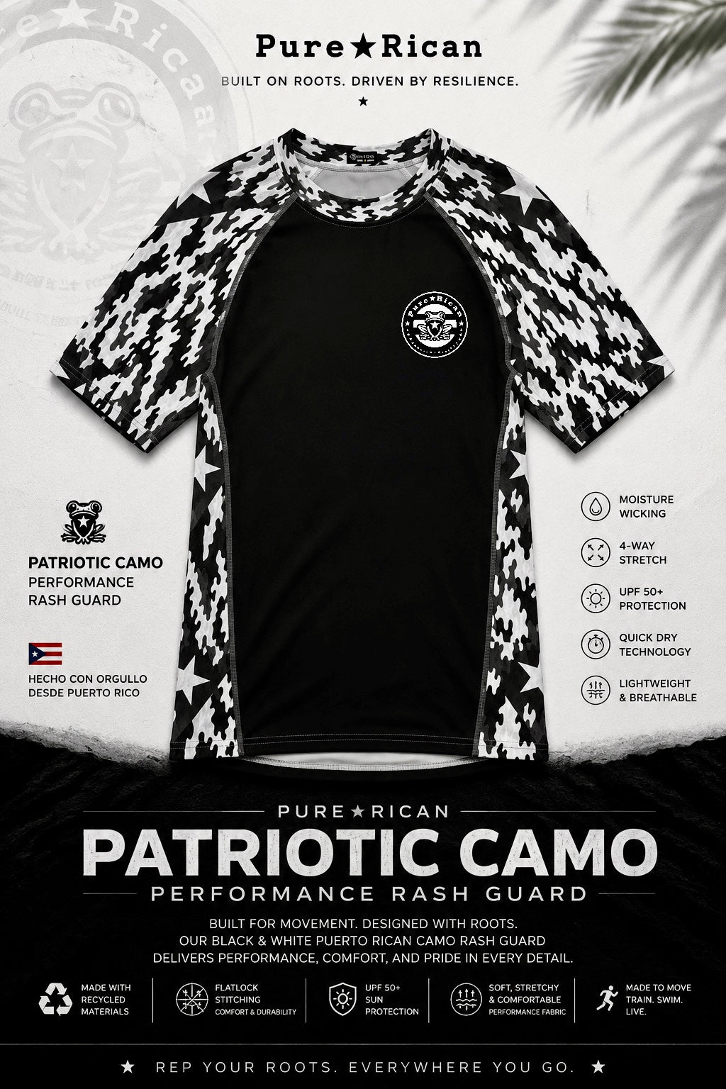 Front view of the Pure⭐️Rican Patriotic Camo Performance Rash Guard featuring a sleek black body, black-and-white Puerto Rican camo sleeves, Sapo Concho chest logo, moisture-wicking performance fabric, and athletic fit.