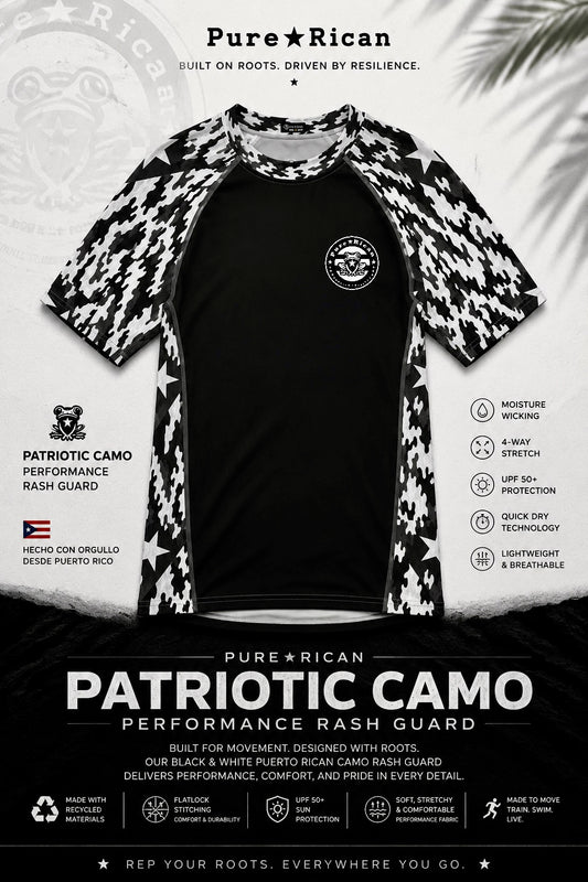 Front view of the Pure⭐️Rican Patriotic Camo Performance Rash Guard featuring a sleek black body, black-and-white Puerto Rican camo sleeves, Sapo Concho chest logo, moisture-wicking performance fabric, and athletic fit.