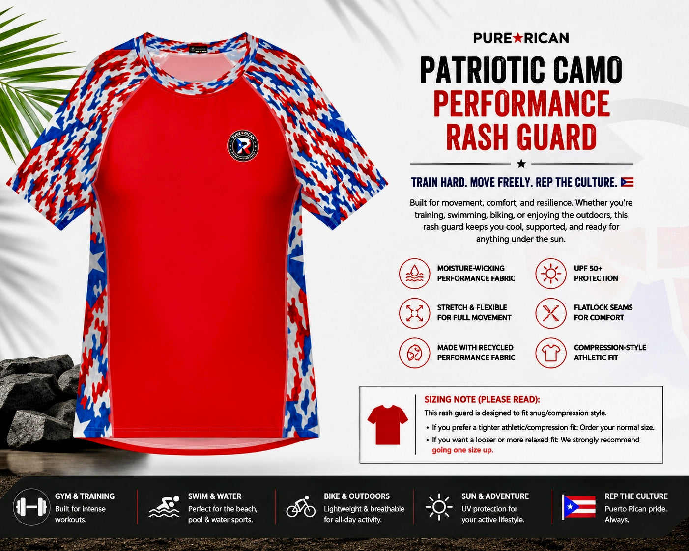 Front view of the Pure⭐️Rican Patriotic Camo Performance Rash Guard featuring a bold red center body with Puerto Rican-inspired red, white, and blue camo sleeves, moisture-wicking performance features, UPF 50+ protection, athletic compression fit, and premium activewear details.