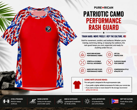 Front view of the Pure⭐️Rican Patriotic Camo Performance Rash Guard featuring a bold red center body with Puerto Rican-inspired red, white, and blue camo sleeves, moisture-wicking performance features, UPF 50+ protection, athletic compression fit, and premium activewear details.