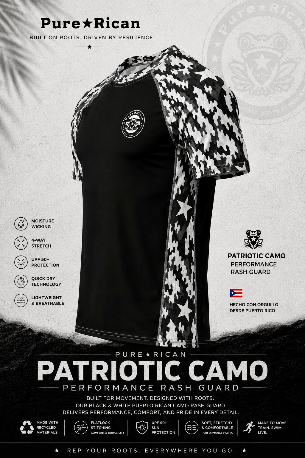 Left angle view of the Pure⭐️Rican Patriotic Camo Performance Rash Guard featuring Puerto Rican black-and-white camo side panel, lightweight breathable fabric, athletic fit, and signature Pure⭐️Rican styling.