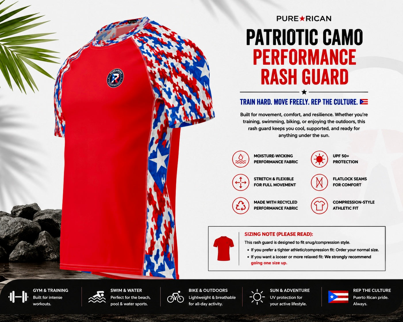 Side angle view of the Pure⭐️Rican Patriotic Camo Performance Rash Guard showcasing the athletic silhouette, Puerto Rican camo side panels, stretch performance fabric, moisture-wicking construction, and active lifestyle features.
