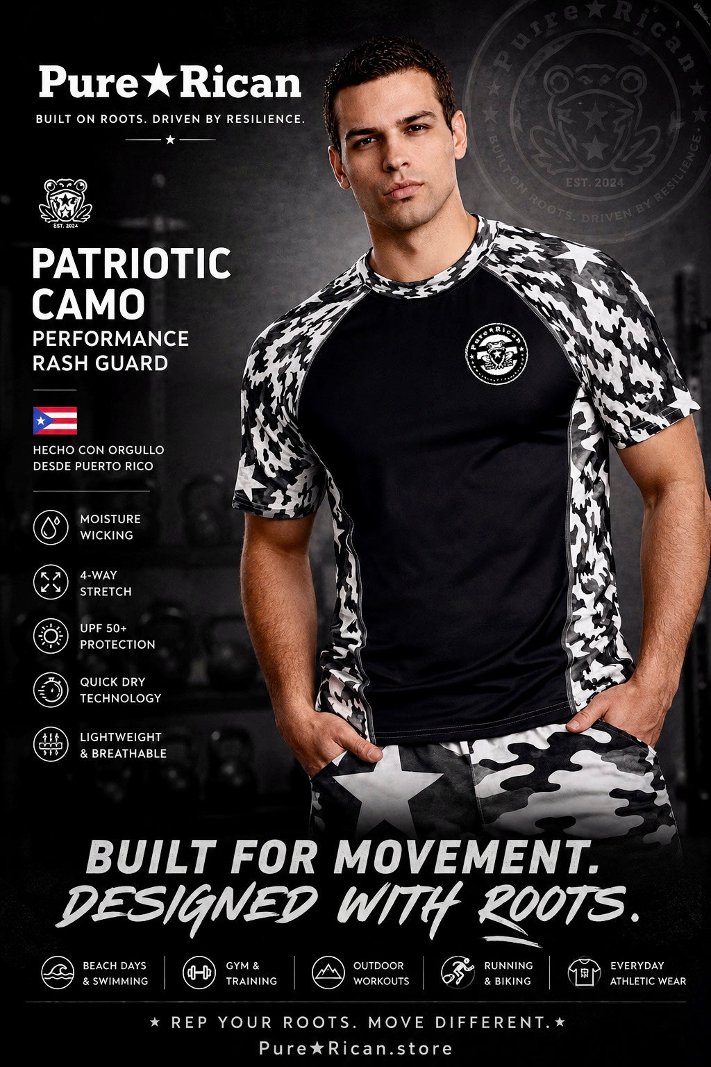Male model wearing the Pure⭐️Rican Patriotic Camo Performance Rash Guard in a premium studio setting showcasing black body, Puerto Rican black-and-white camo sleeves, breathable athletic fit, and signature Sapo Concho branding.