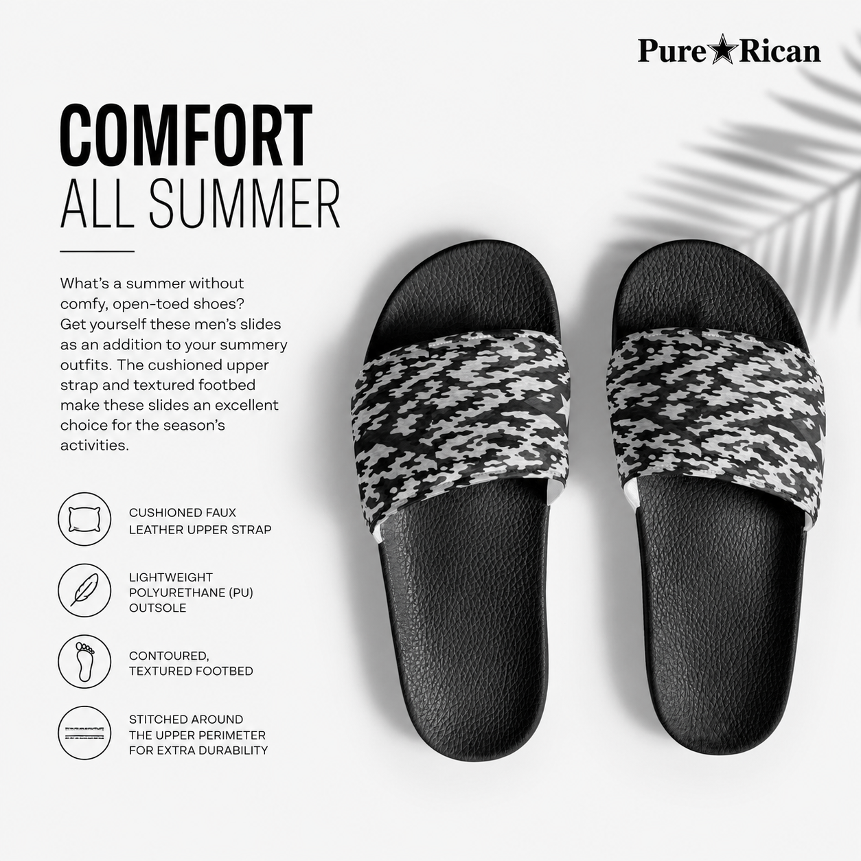 Black slides with patterned straps on a white background, featuring 'Pure⭐️Rican' brand.